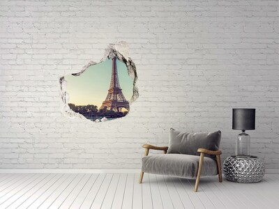 Sticker mural effet trou La tour Eiffel au coucher du soleil