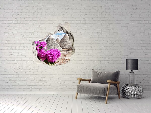 Sticker trou dans le mur Trulli des Pouilles avec des fleurs