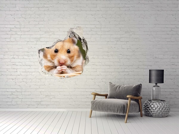 Sticker mural effet trou Hamster dans un trou transparent dans le mur