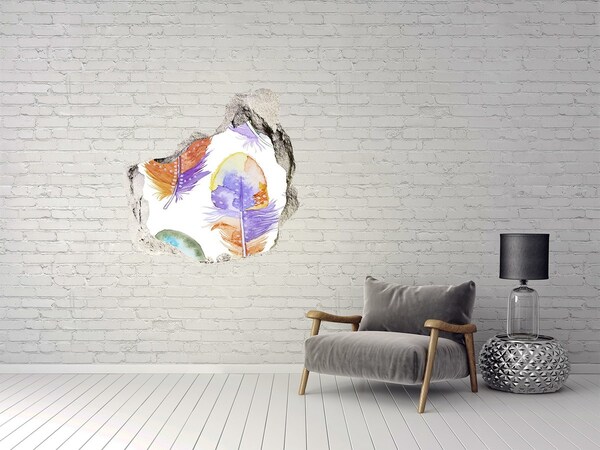 Autocollant à effet 3d trou Plumes colorées sur fond de mur