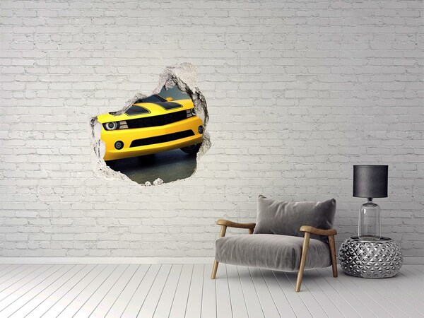 Autocollant à effet 3d trou Un mur en ruine avec une voiture jaune
