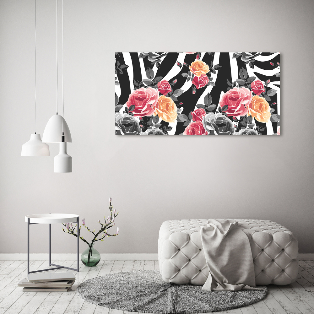 Tableau en acrylique Roses sur fond de zèbre