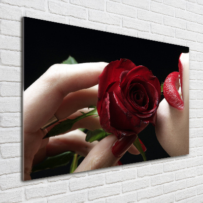 Tableau sur verre acrylique Femme avec une rose