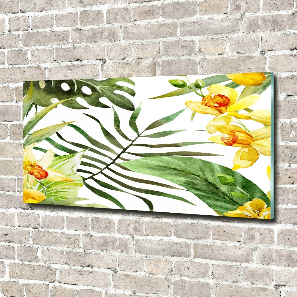 Tableau verre acrylique Fleurs et feuilles exotiques