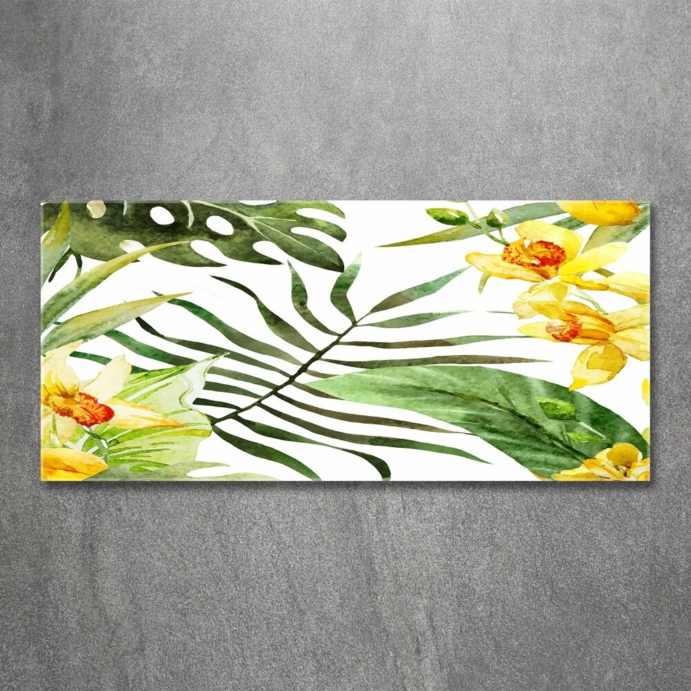 Tableau verre acrylique Fleurs et feuilles exotiques