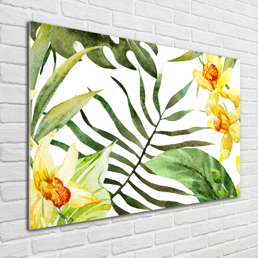 Tableau verre acrylique Fleurs et feuilles exotiques