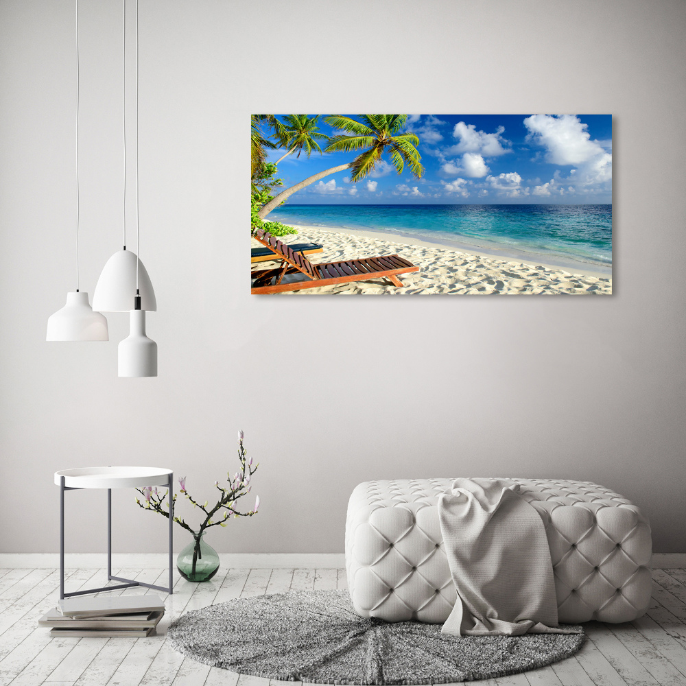 Tableau sur verre acrylique Plage tropicale palmiers