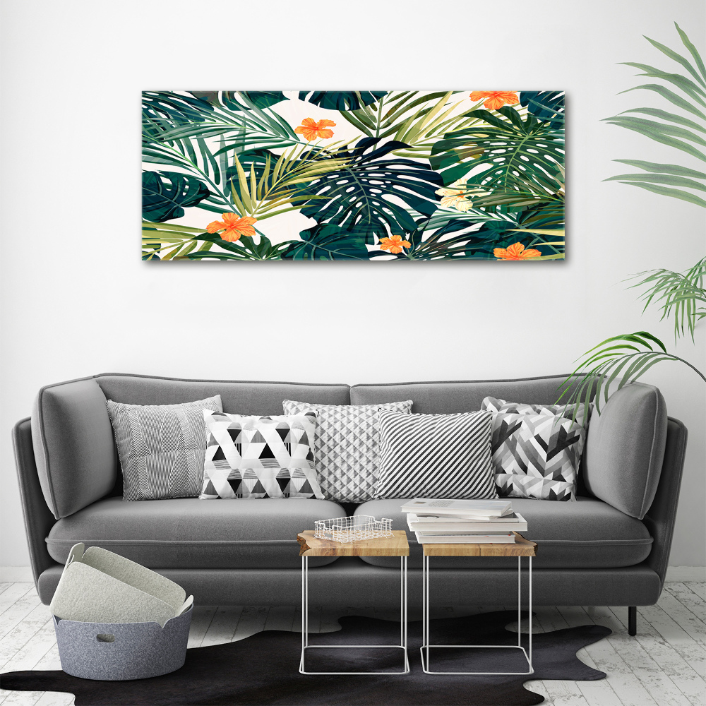 Tableau acrylique Feuilles tropicales petites fleurs