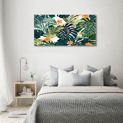 Tableau acrylique Feuilles tropicales petites fleurs