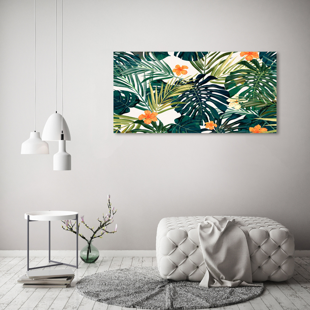 Tableau acrylique Feuilles tropicales petites fleurs