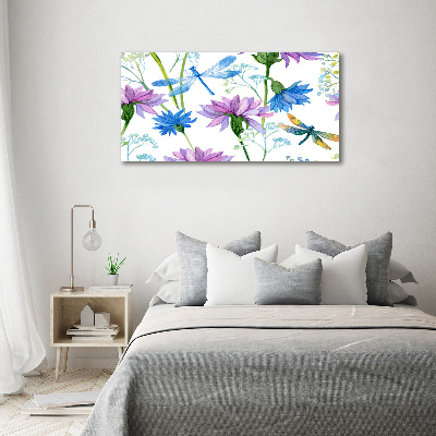 Tableau sur verre acrylique Fleurs et libellules