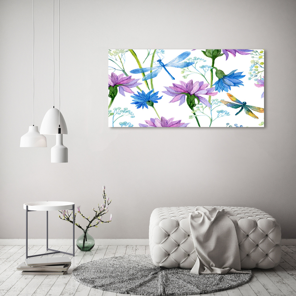 Tableau sur verre acrylique Fleurs et libellules