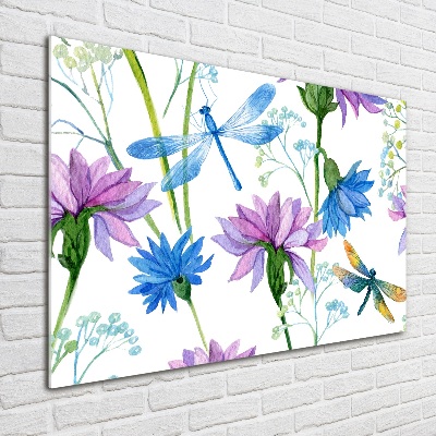 Tableau sur verre acrylique Fleurs et libellules