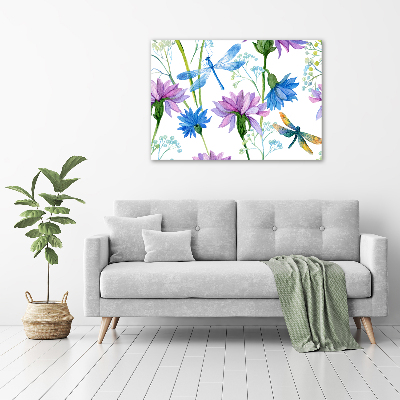 Tableau sur verre acrylique Fleurs et libellules