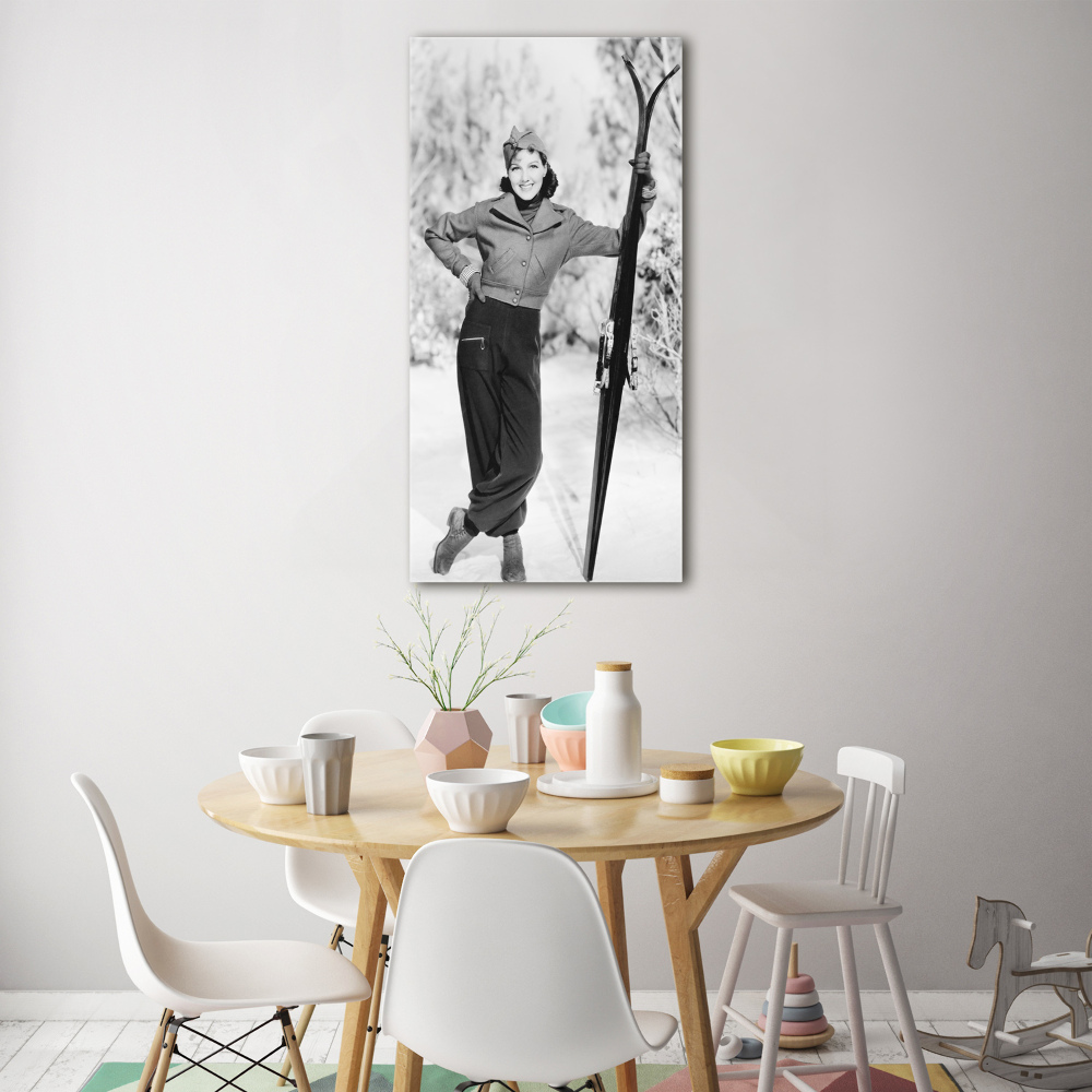 Acrylique tableau Femme avec des skis