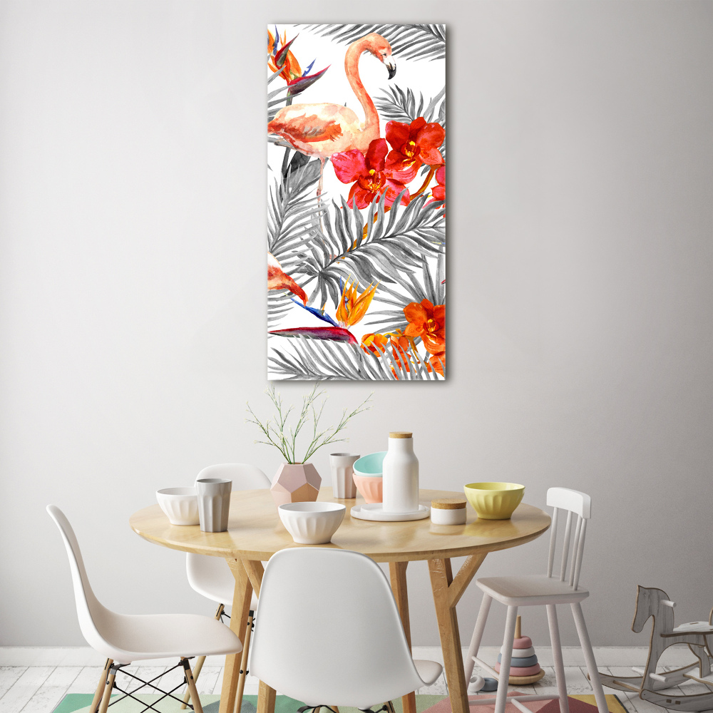 Tableau verre acrylique Flamants et fleurs