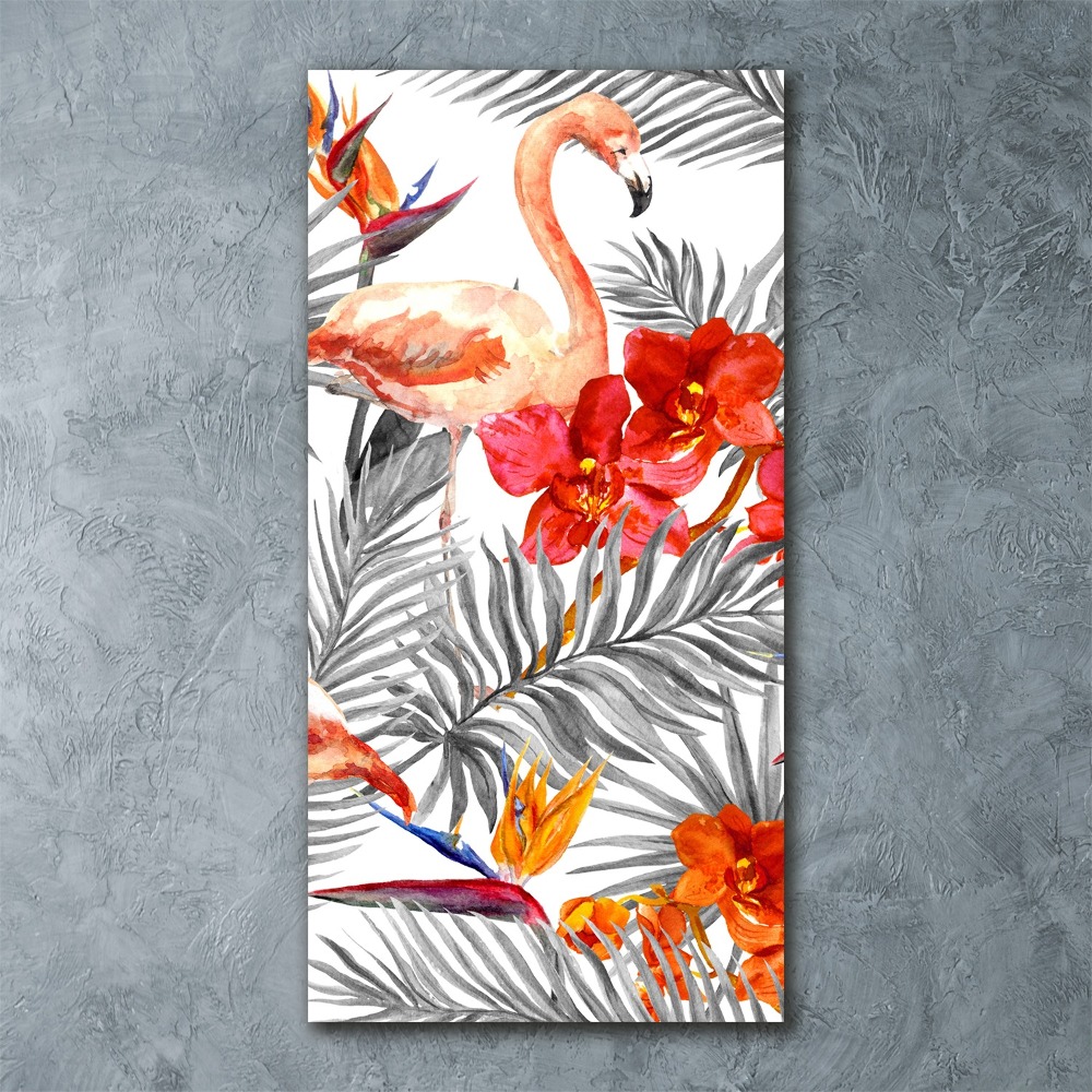 Tableau verre acrylique Flamants et fleurs