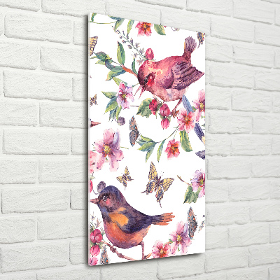 Tableau acrylique Oiseaux papillons fleurs