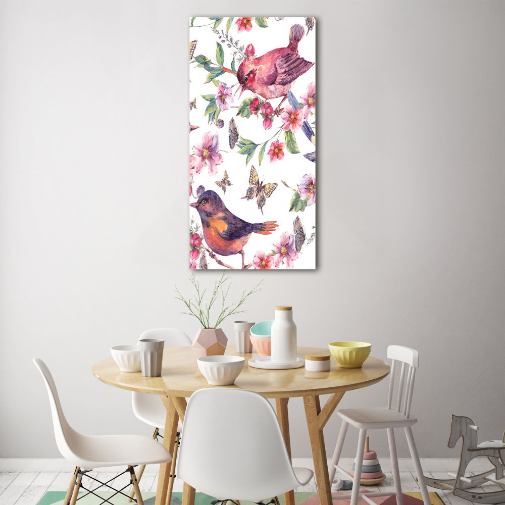 Tableau acrylique Oiseaux papillons fleurs