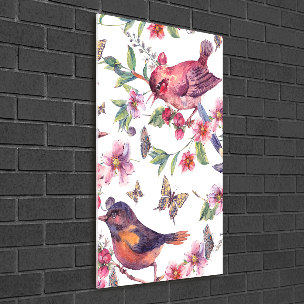 Tableau acrylique Oiseaux papillons fleurs