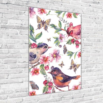 Tableau acrylique Oiseaux papillons fleurs