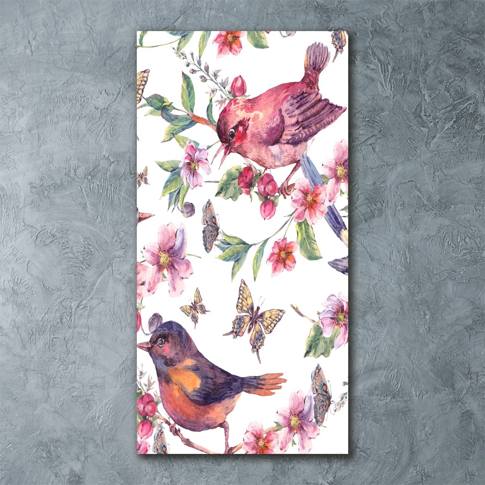 Tableau acrylique Oiseaux papillons fleurs