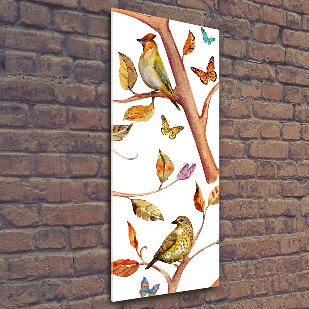 Tableau sur verre acrylique Oiseaux papillons feuilles