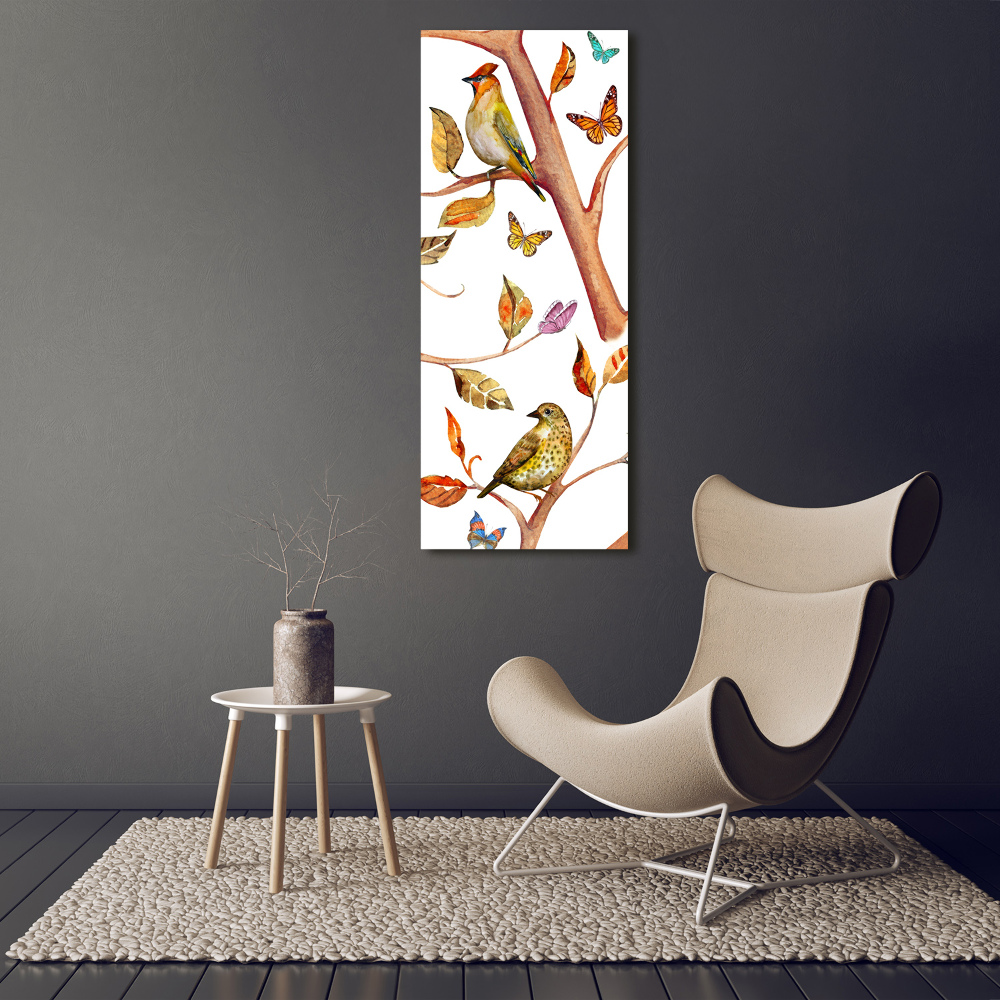 Tableau sur verre acrylique Oiseaux papillons feuilles