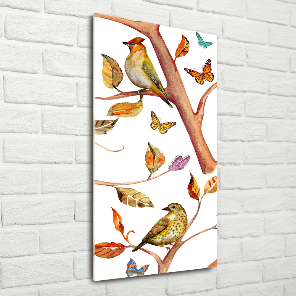 Tableau sur verre acrylique Oiseaux papillons feuilles