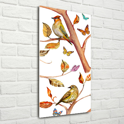 Tableau sur verre acrylique Oiseaux papillons feuilles