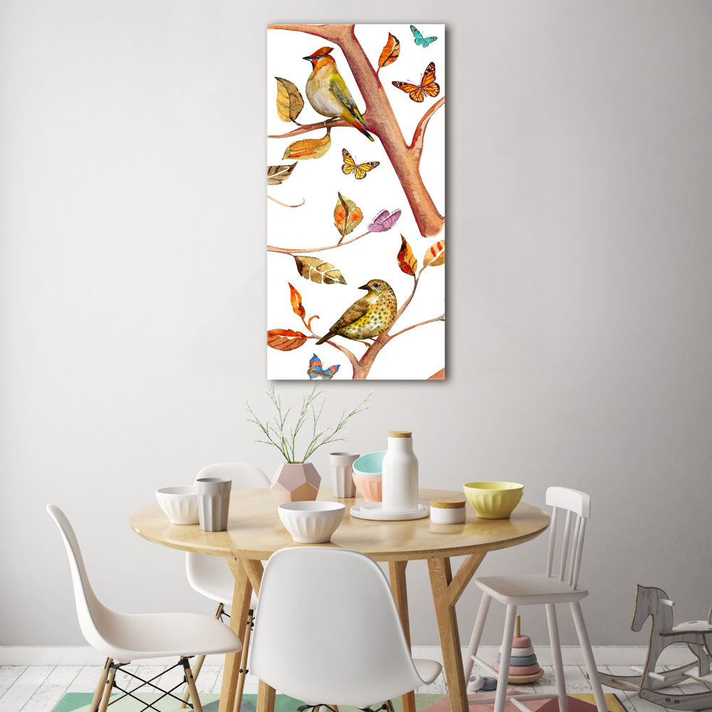 Tableau sur verre acrylique Oiseaux papillons feuilles