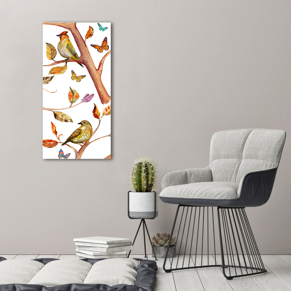 Tableau sur verre acrylique Oiseaux papillons feuilles