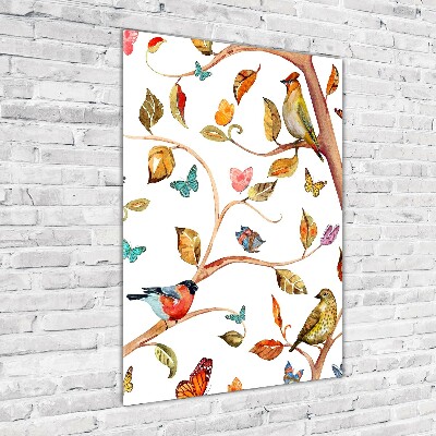 Tableau sur verre acrylique Oiseaux papillons feuilles