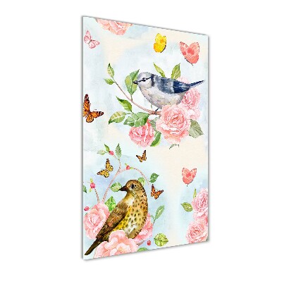 Tableau sur verre acrylique Oiseaux papillons roses