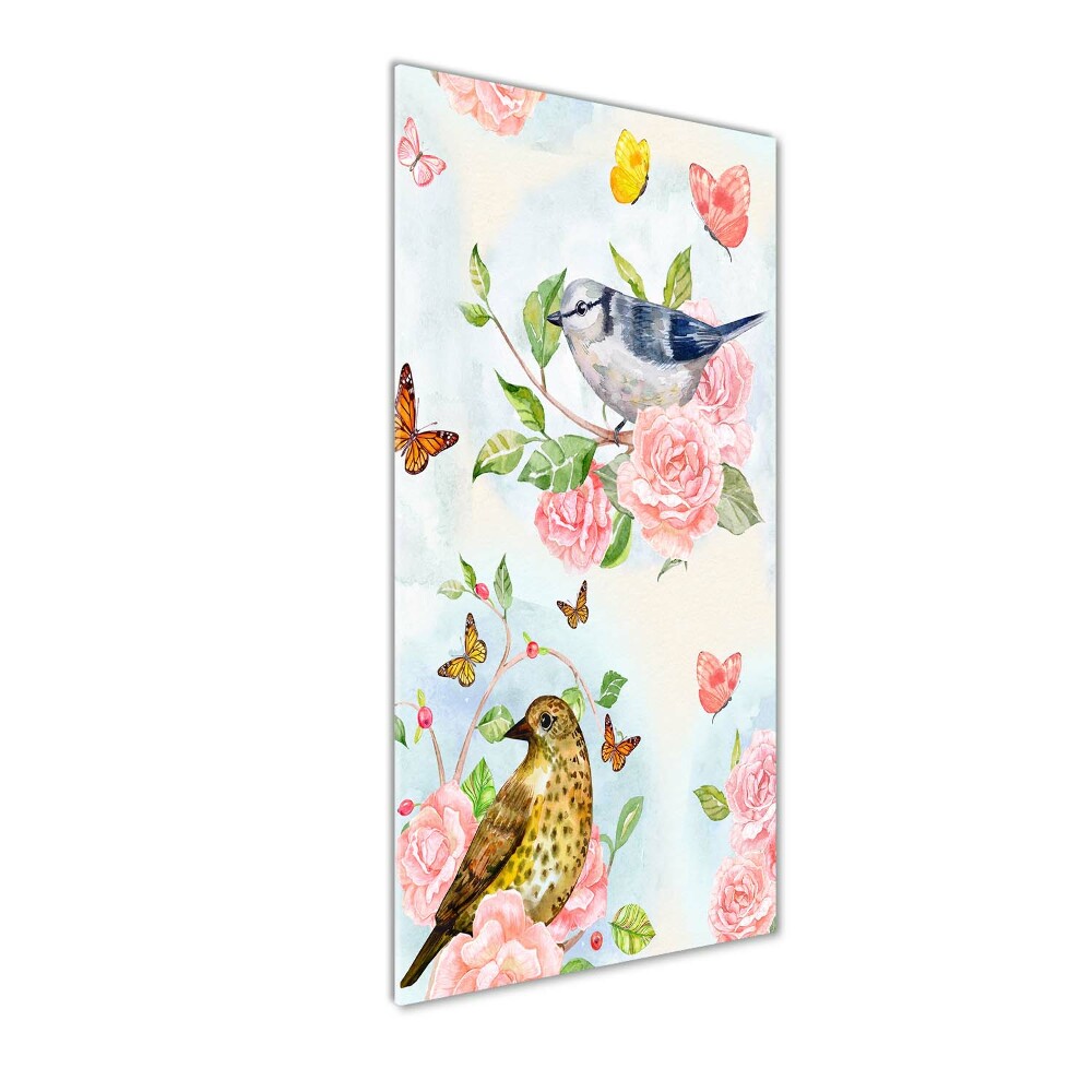 Tableau sur verre acrylique Oiseaux papillons roses