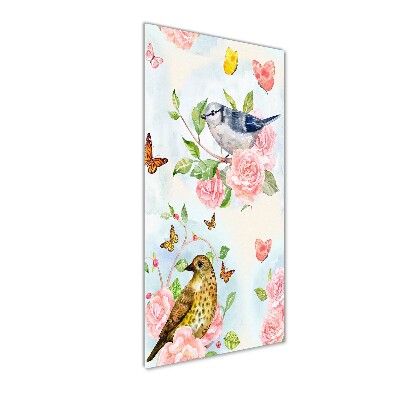 Tableau sur verre acrylique Oiseaux papillons roses