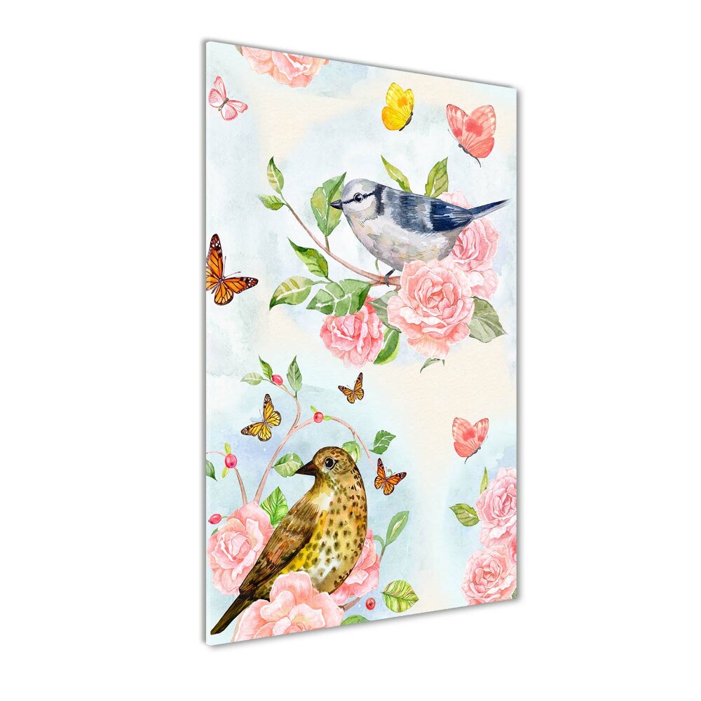 Tableau sur verre acrylique Oiseaux papillons roses