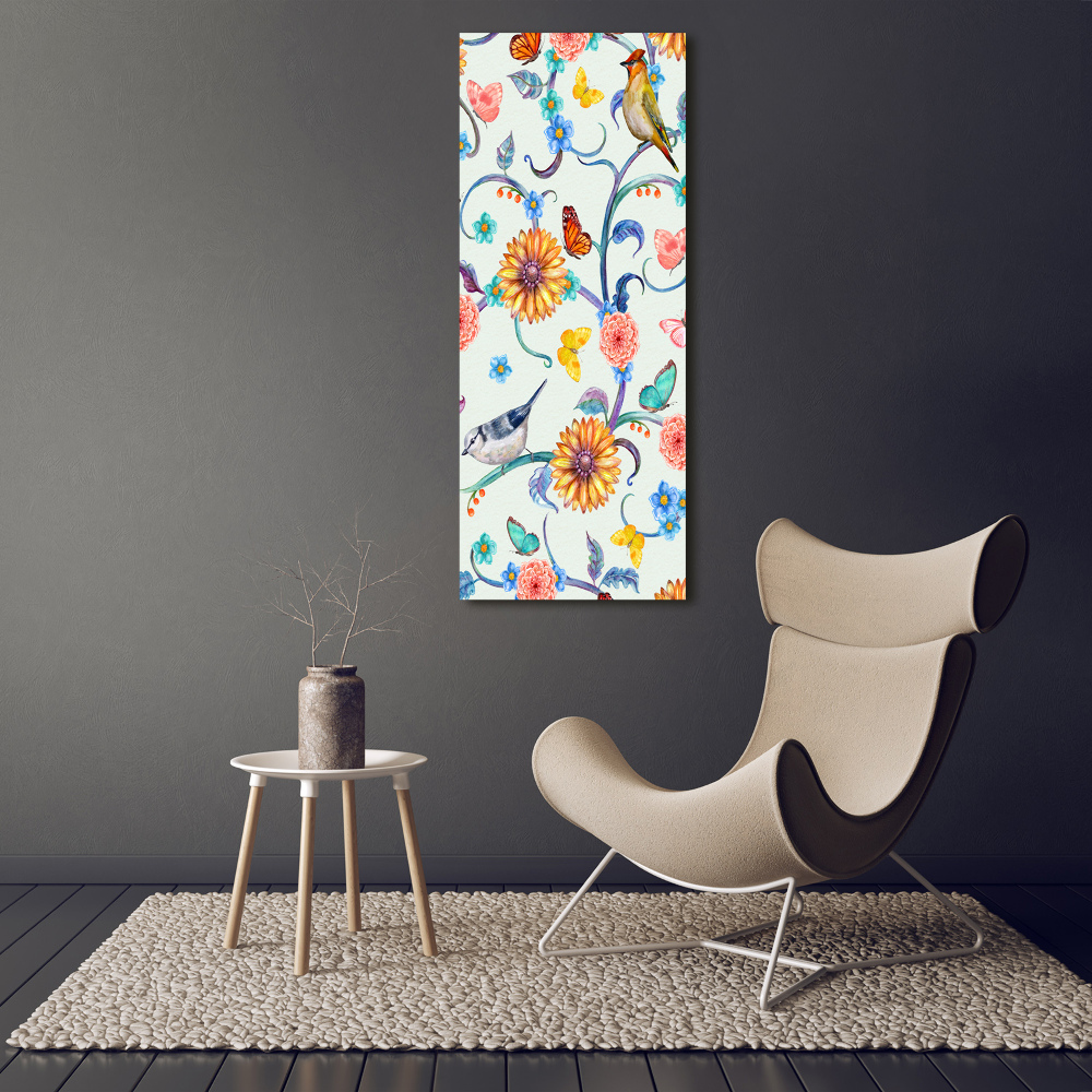 Acrylique tableau Oiseaux papillons fleurs