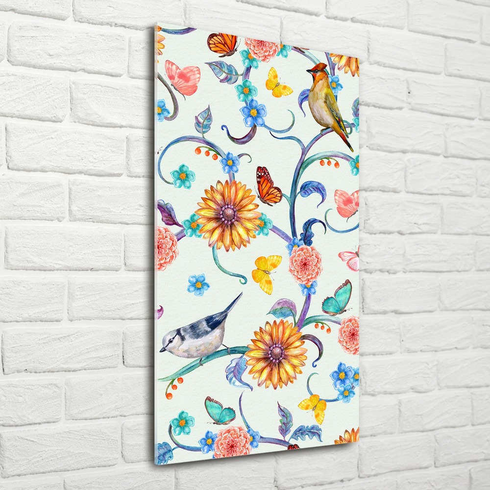 Acrylique tableau Oiseaux papillons fleurs