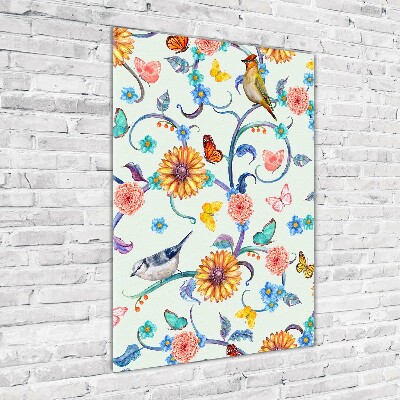 Acrylique tableau Oiseaux papillons fleurs