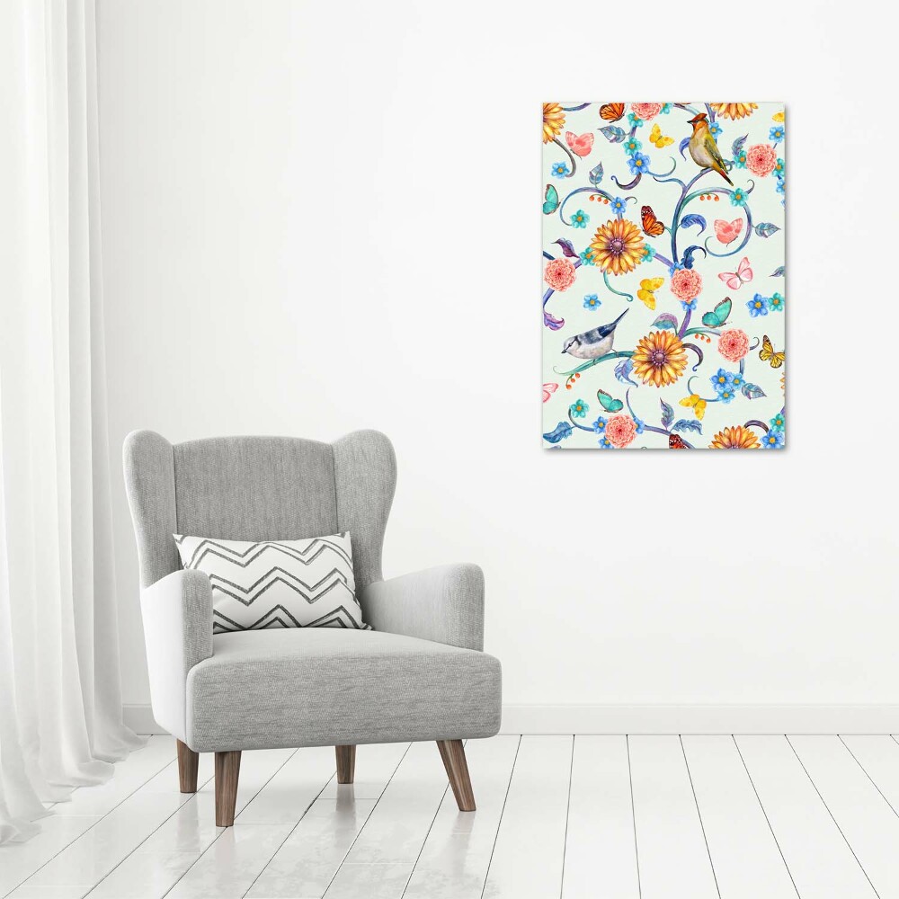 Acrylique tableau Oiseaux papillons fleurs