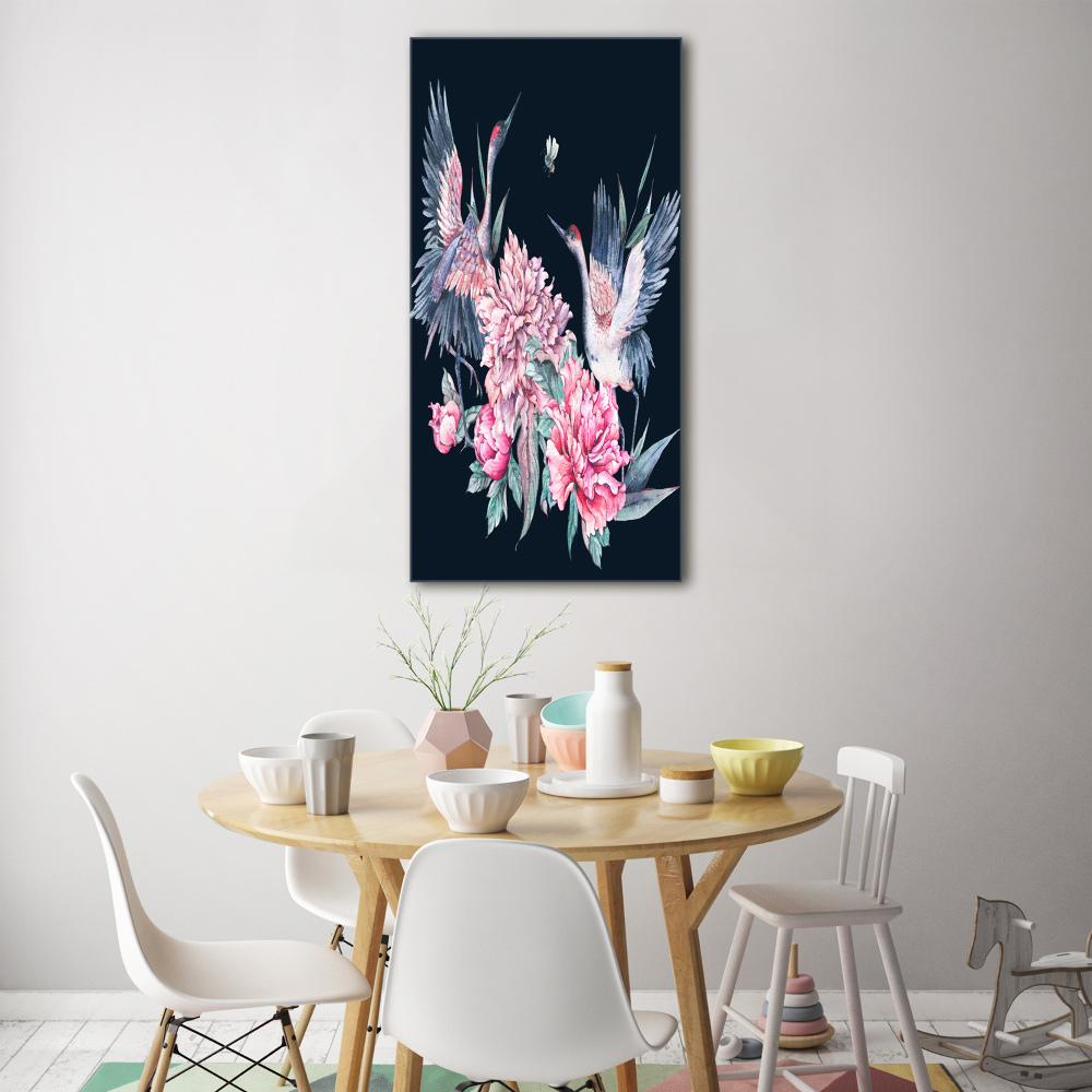 Tableau sur verre acrylique Grues et pivoines