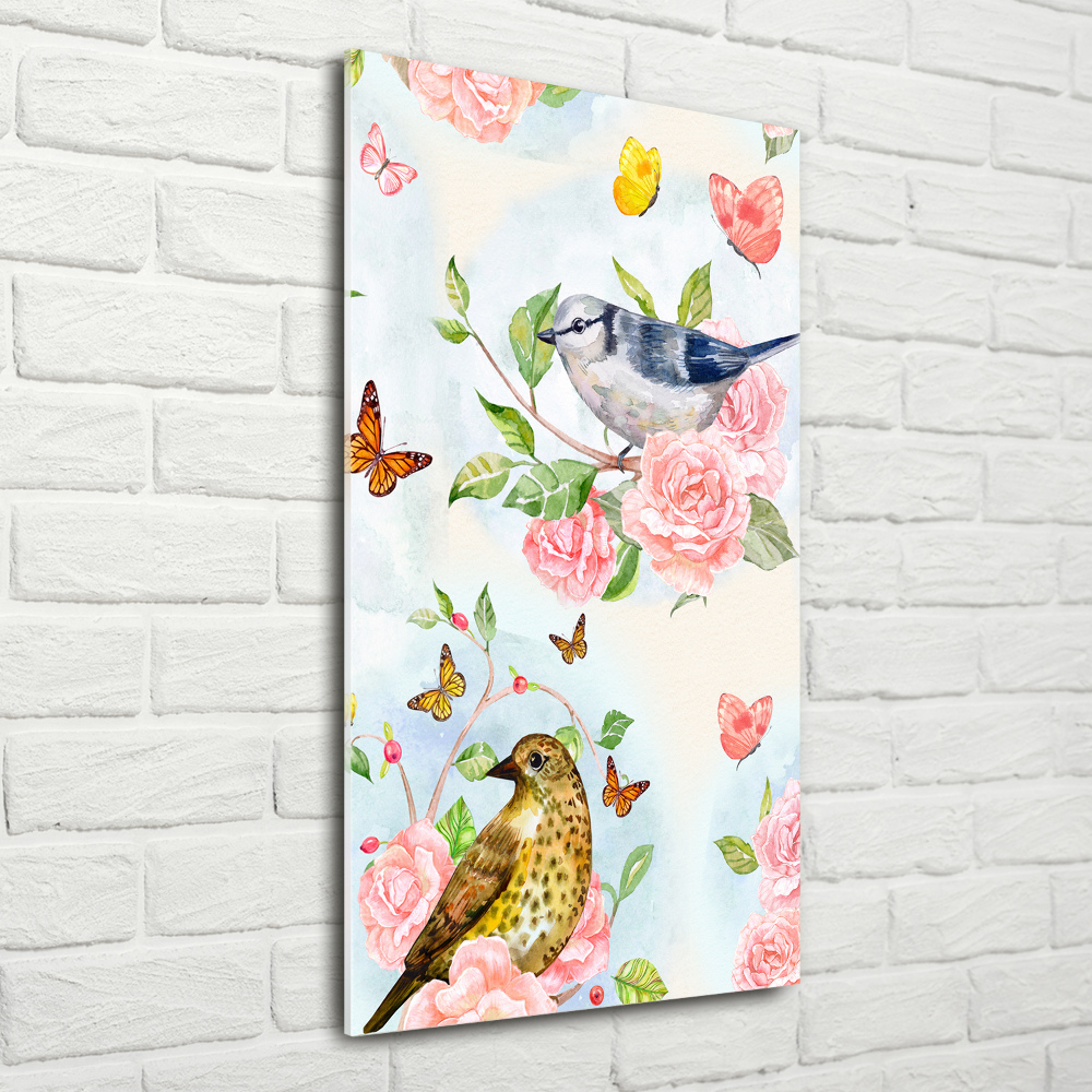 Acrylique tableau Oiseaux papillons fleurs