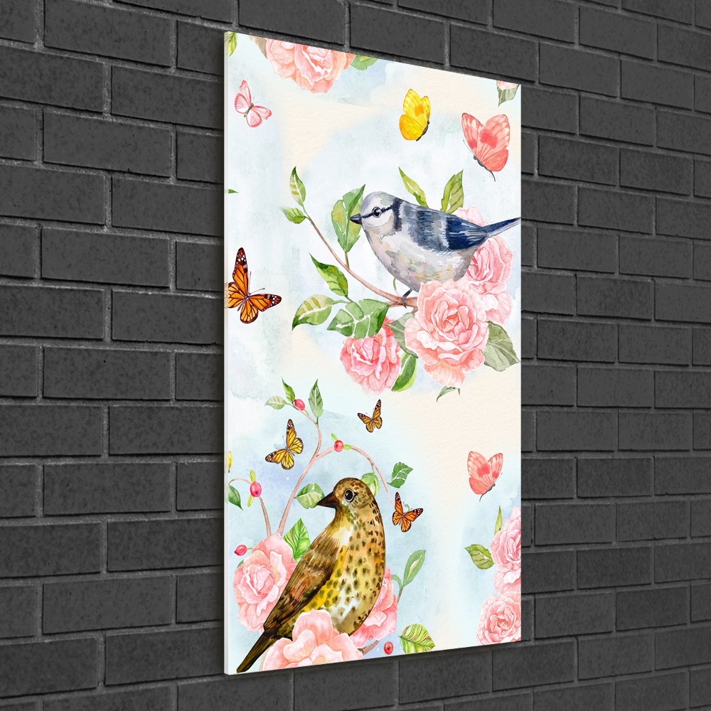 Acrylique tableau Oiseaux papillons fleurs