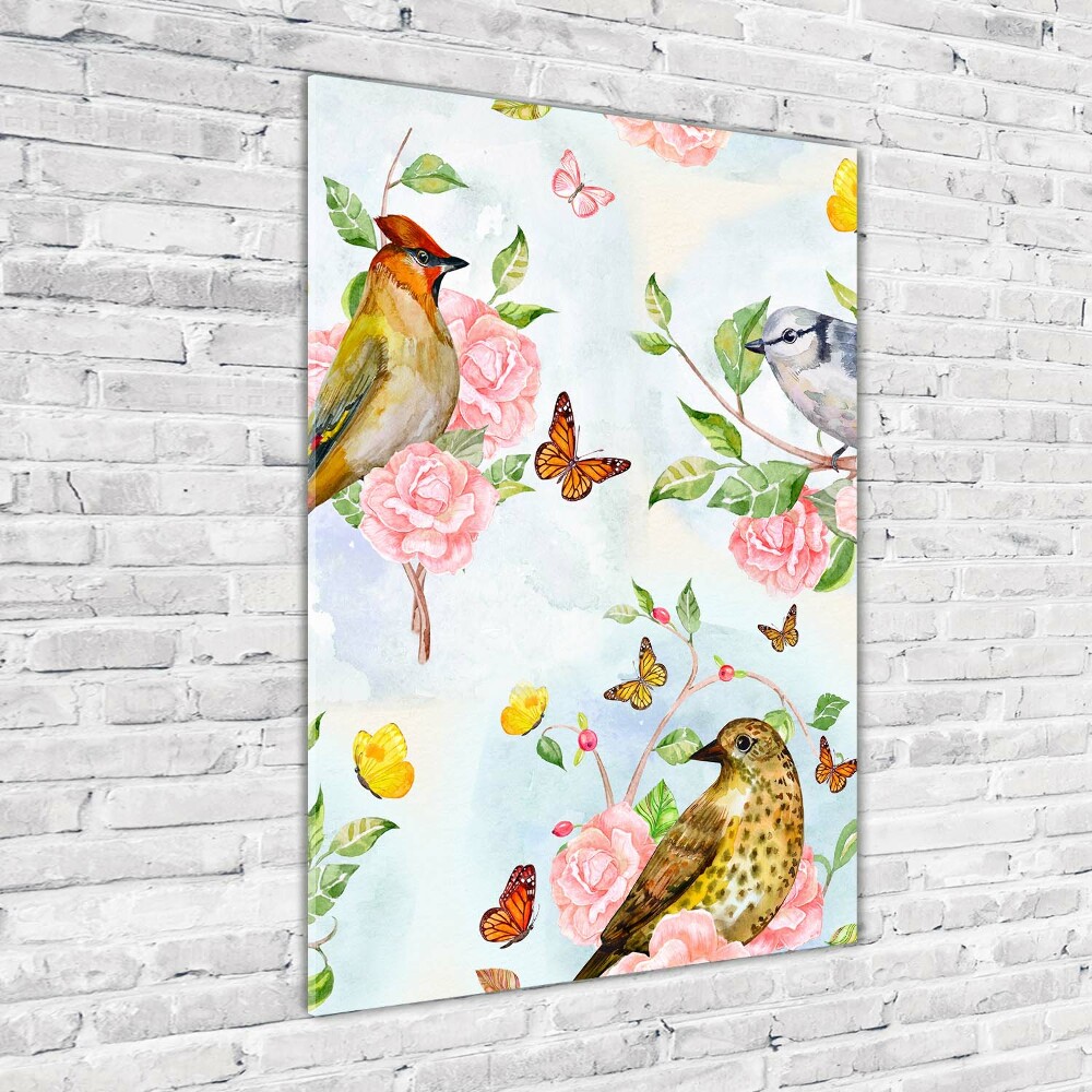 Acrylique tableau Oiseaux papillons fleurs