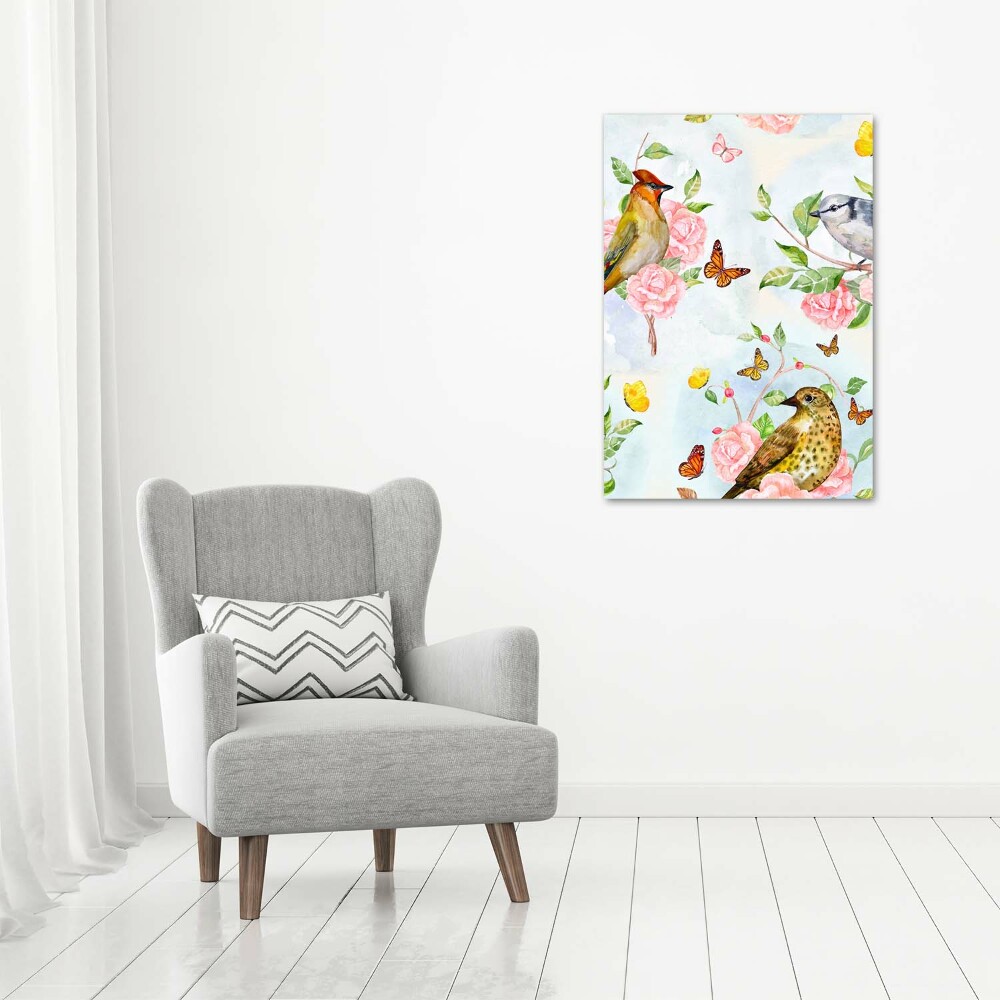 Acrylique tableau Oiseaux papillons fleurs