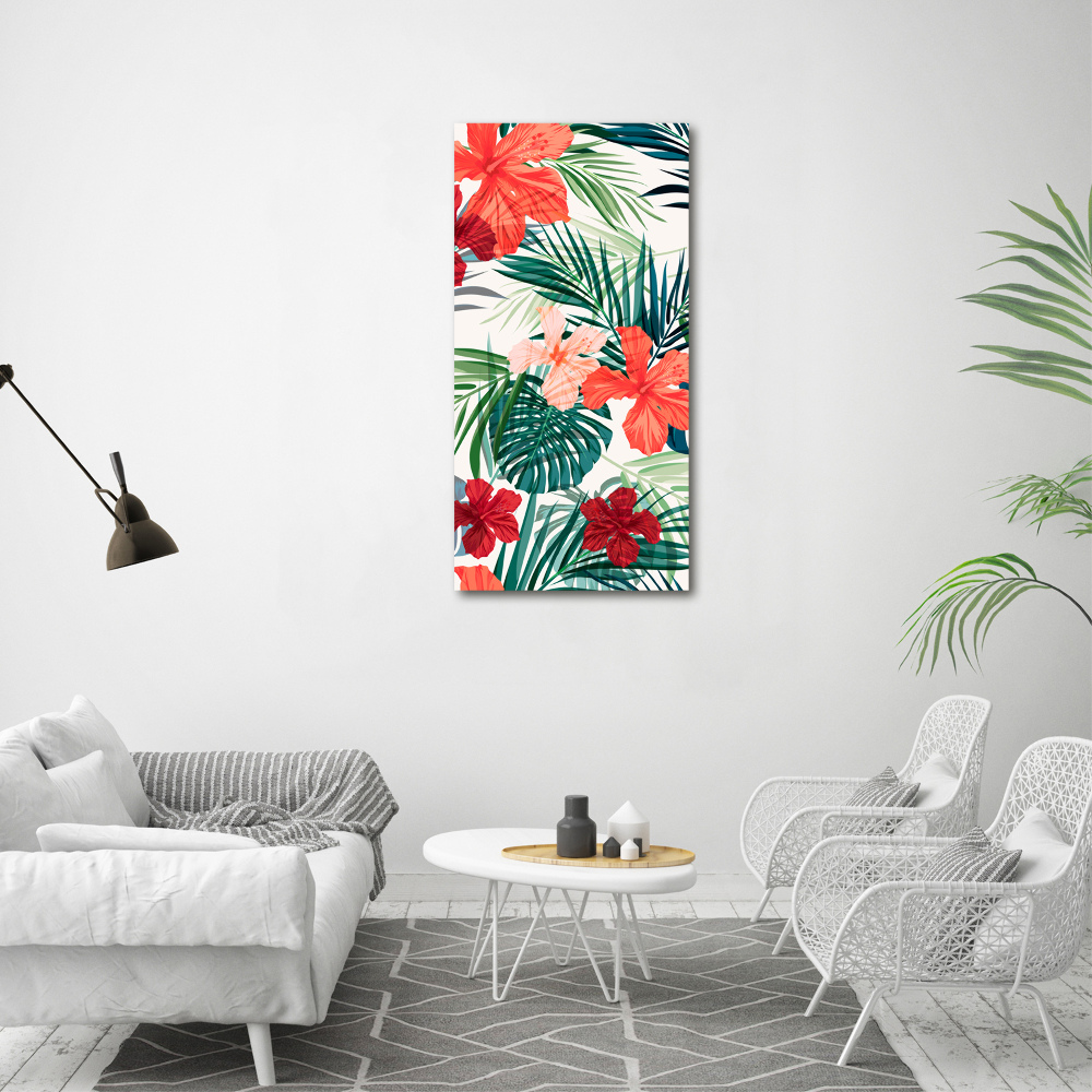 Tableau acrylique Fleurs hawaïennes roses monstera