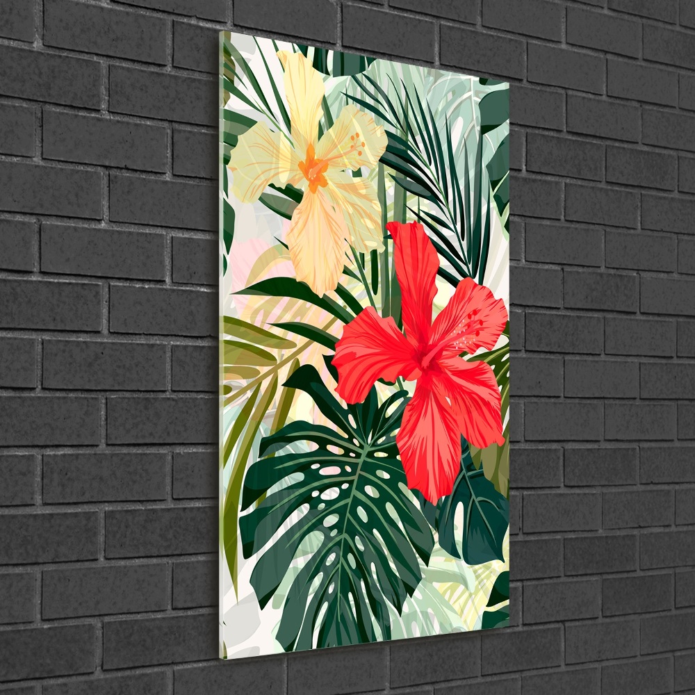 Acrylique tableau Fleurs hawaïennes roses monstera