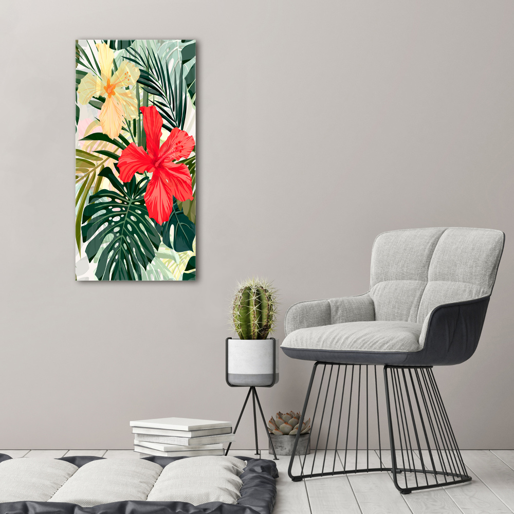 Acrylique tableau Fleurs hawaïennes roses monstera