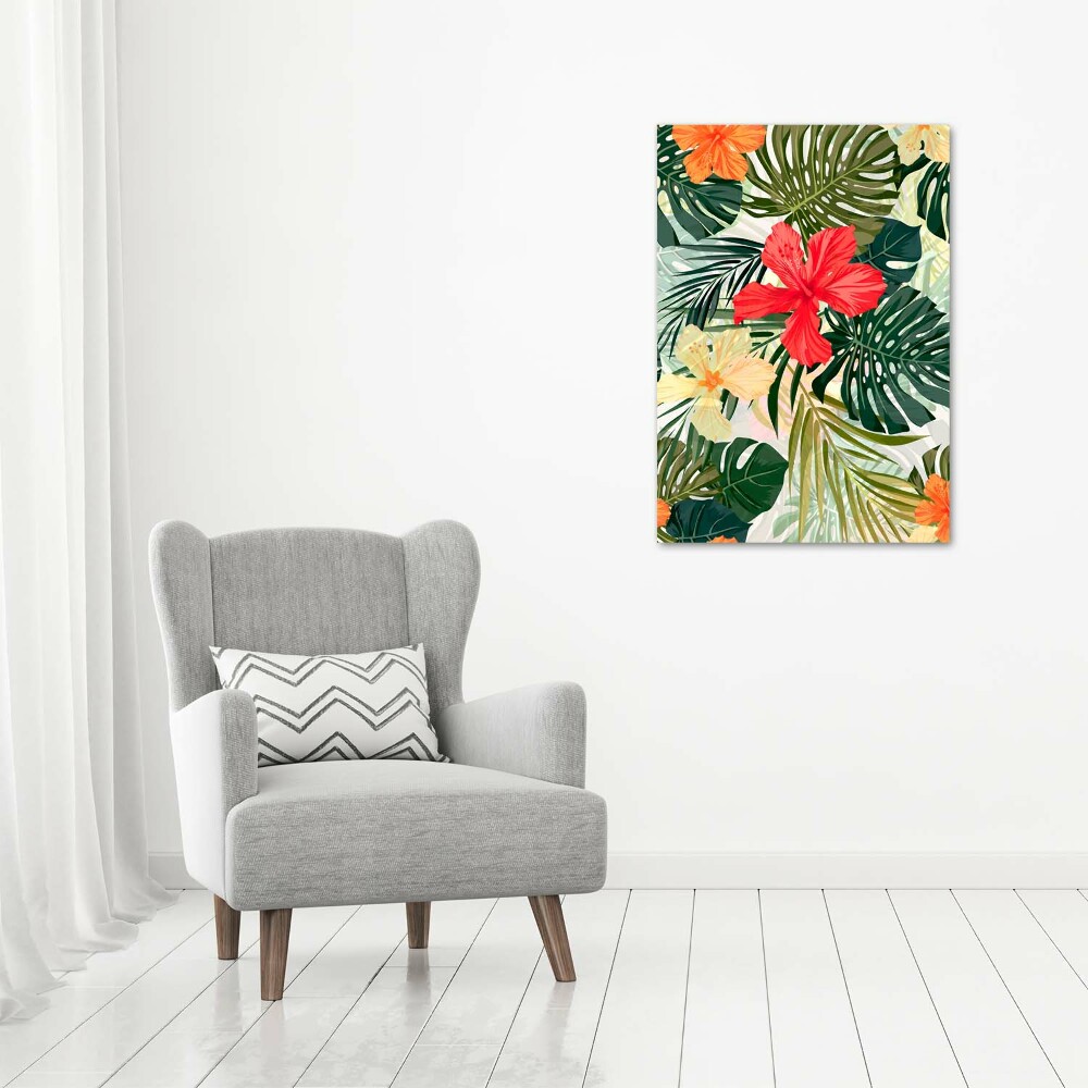 Acrylique tableau Fleurs hawaïennes roses monstera